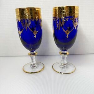 Interglass Italy Cobalt Blue Wine Goblets, Gold Medici Crystal Glasses, Set of 2